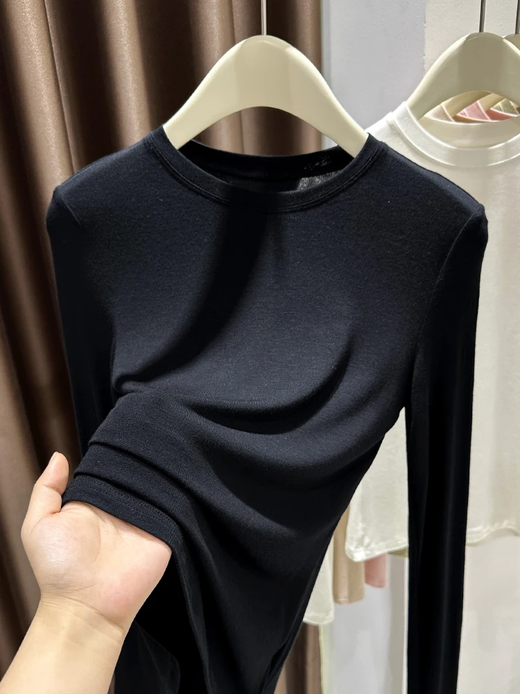 

Женская трикотажная футболка с длинным рукавом, облегающая, с круглым вырезом, мягкая, удобная, в корейском стиле, для офиса