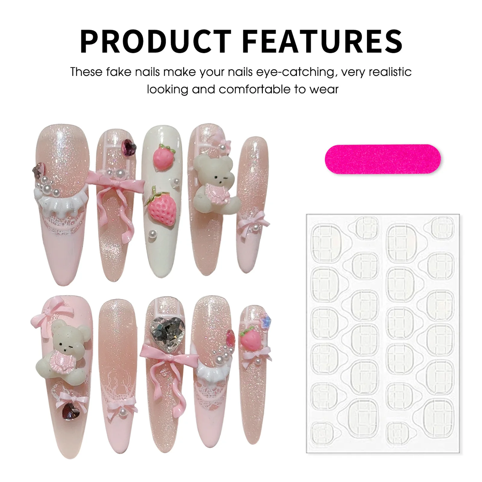 10 stuks handgemaakte pers op nagels Franse nepnagels met roze aardbei beer meisjes lange stiletto ballet Y2K Koreaanse valse nagel