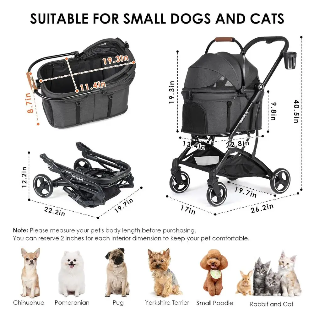 3-in-1 Foldable Pet Stroller - Lightweight, 180° Shade, Removable Carrier for Small Dogs & Cats (Black)