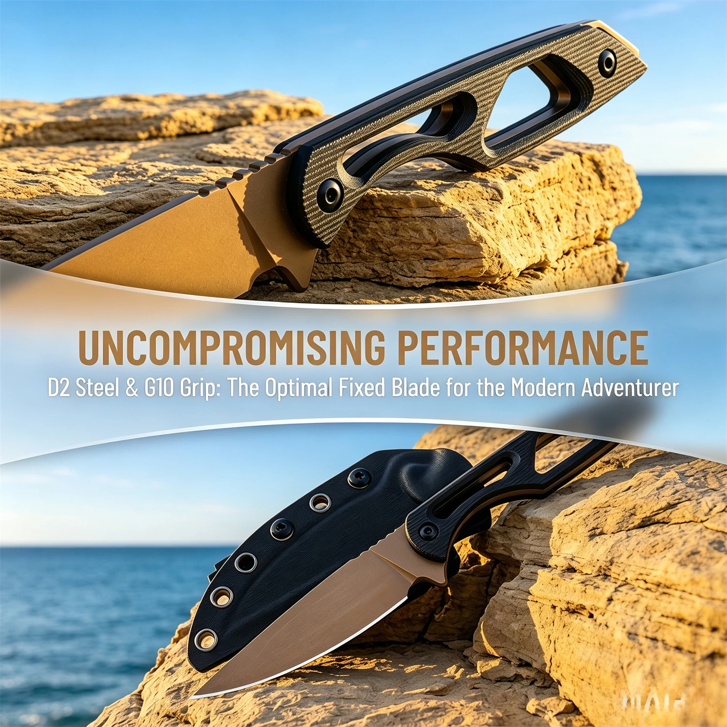 Reliable Outdoor Fixed Blade Knife, Premium D2 Steel Blade Non-Slip G10 Handle with Sheath for All Your Field & Daily Needs