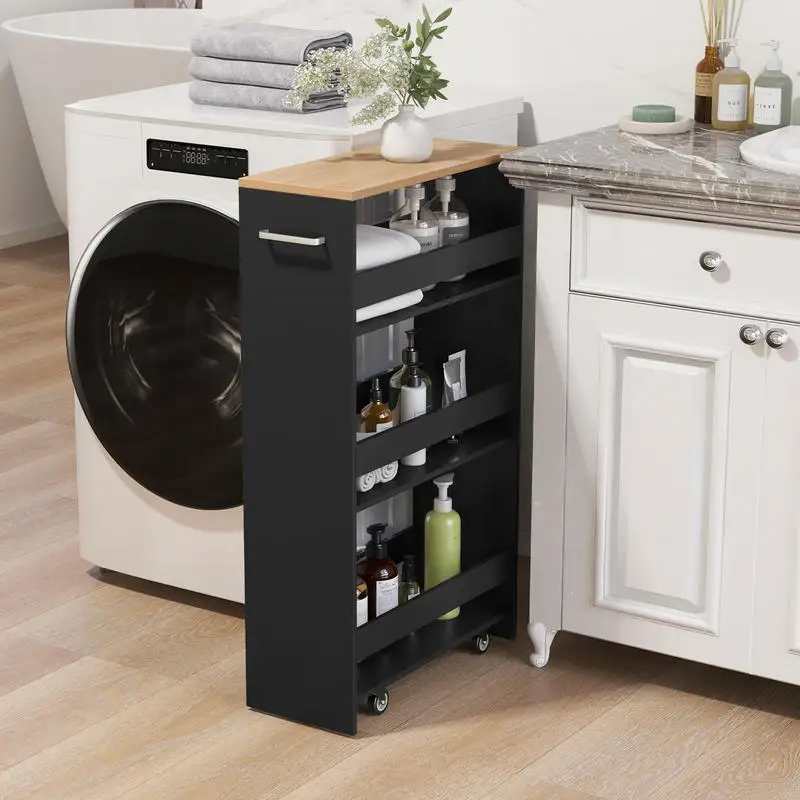 

4-Tier Rolling Storage Cart Slim Kitchen Cart on Wheels with Open Shelves and Handle-Black