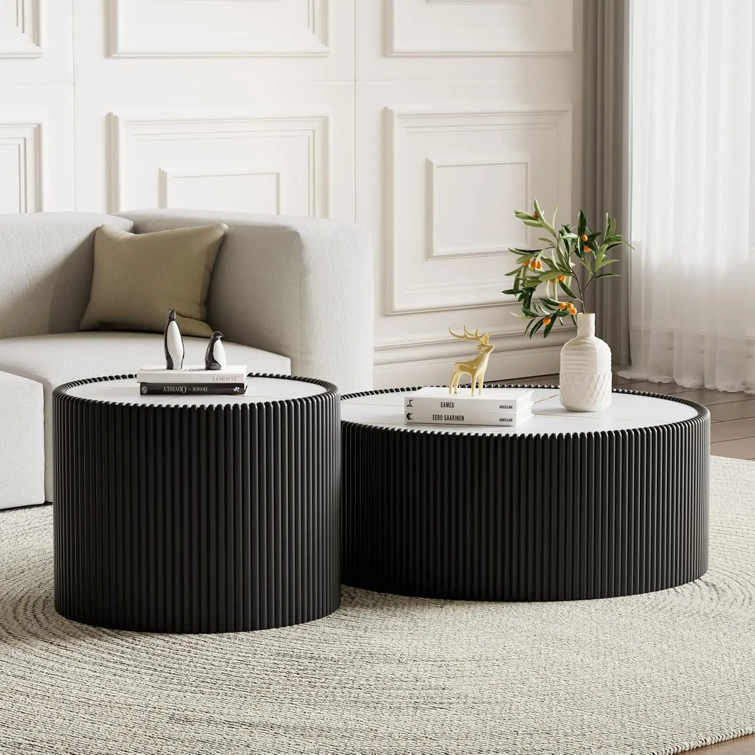 

Round Coffee Table Set with Sintered Stone Tabletop, 29.52" Black Drum Center Table and 17.71" Black Coffee Table Set, 2 Pieces