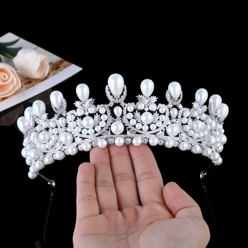 

Vintage French Queen Eugenie Pearl Sliver color Crown Women's Dress Jewelry Tiara Suitable for Wedding Holiday Gifts H-38