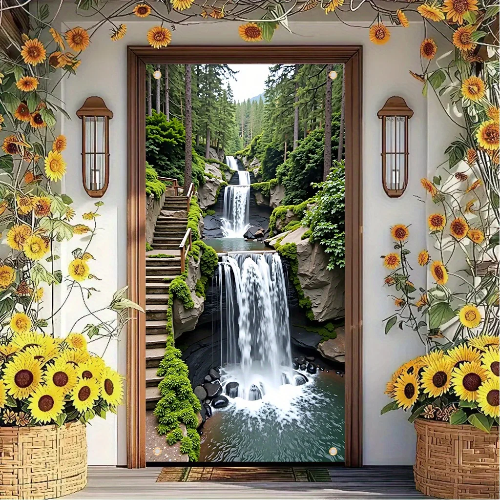 1 piece of 2D plane, No. 1 Small Forest Waterfall, polyester fiber indoor and outdoor decorative curtain, home party decoration