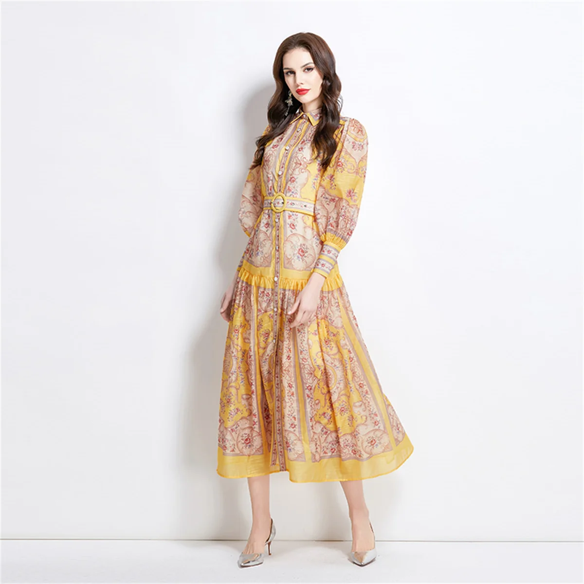 Klassieke vintage print lange maxi-jurk voor dames revers lantaarn mouw single-breasted slanke shirtjurk vestidos gewaden