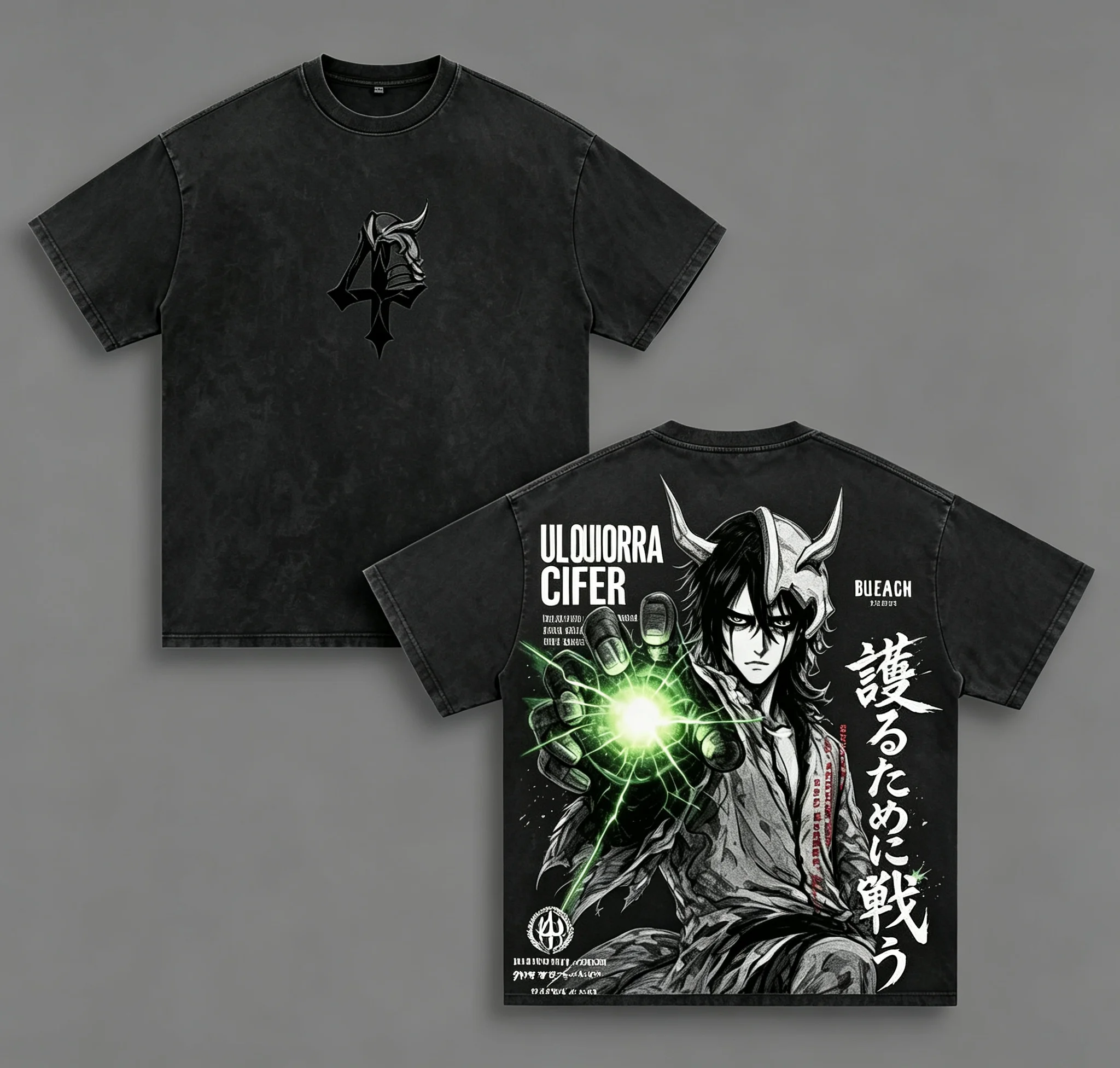 2026 Summer BLEACH Ulquiorra Cifer Double Sided Print T-Shirt, Vintage Washed Cotton Loose Casual Oversized Tee for Adults Y2K