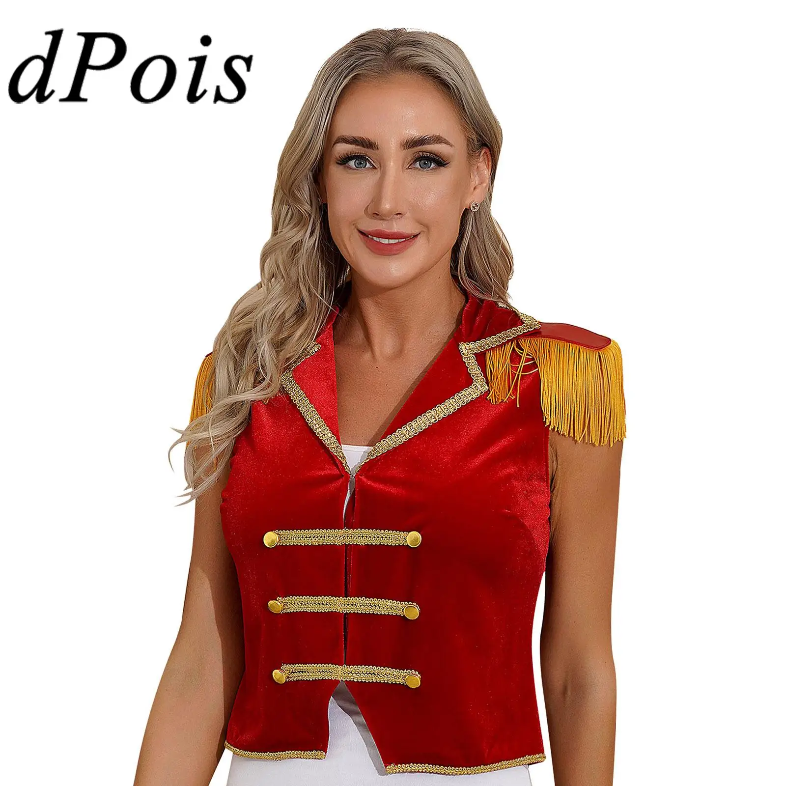 

Womens Cosplay Circus Ringmaster Costumes Sleeveless Vest Jacket Showman Lion Tamer Waistcoat Halloween Costume Party Outfit