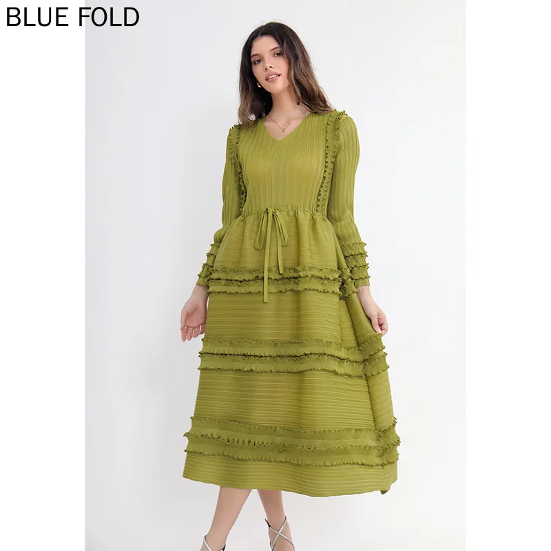 Miyake Pleated Mid-length Dress Women's Clothing Drawstring Design Lace Lantern Sleeve Cake Dress PLEATS Vestido High Quality