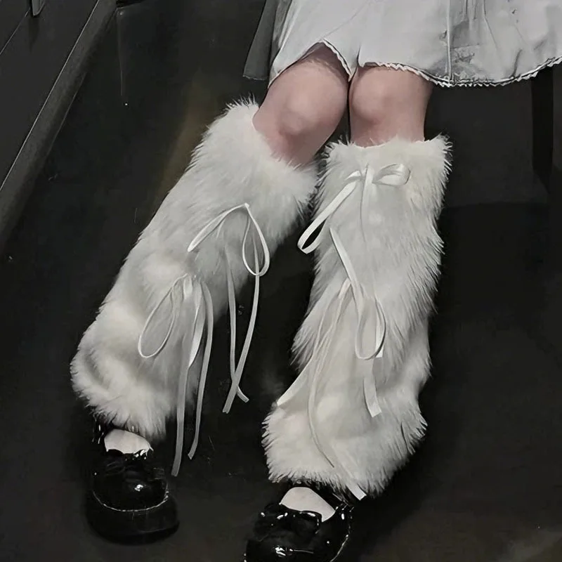 

Новинка 2026 года, гетры Y2K в стиле Лолиты, готические плюшевые манжеты для ботинок с ленточными бантами, трехцветный дизайн, зимняя мода, черный, белый цвет, кофейный