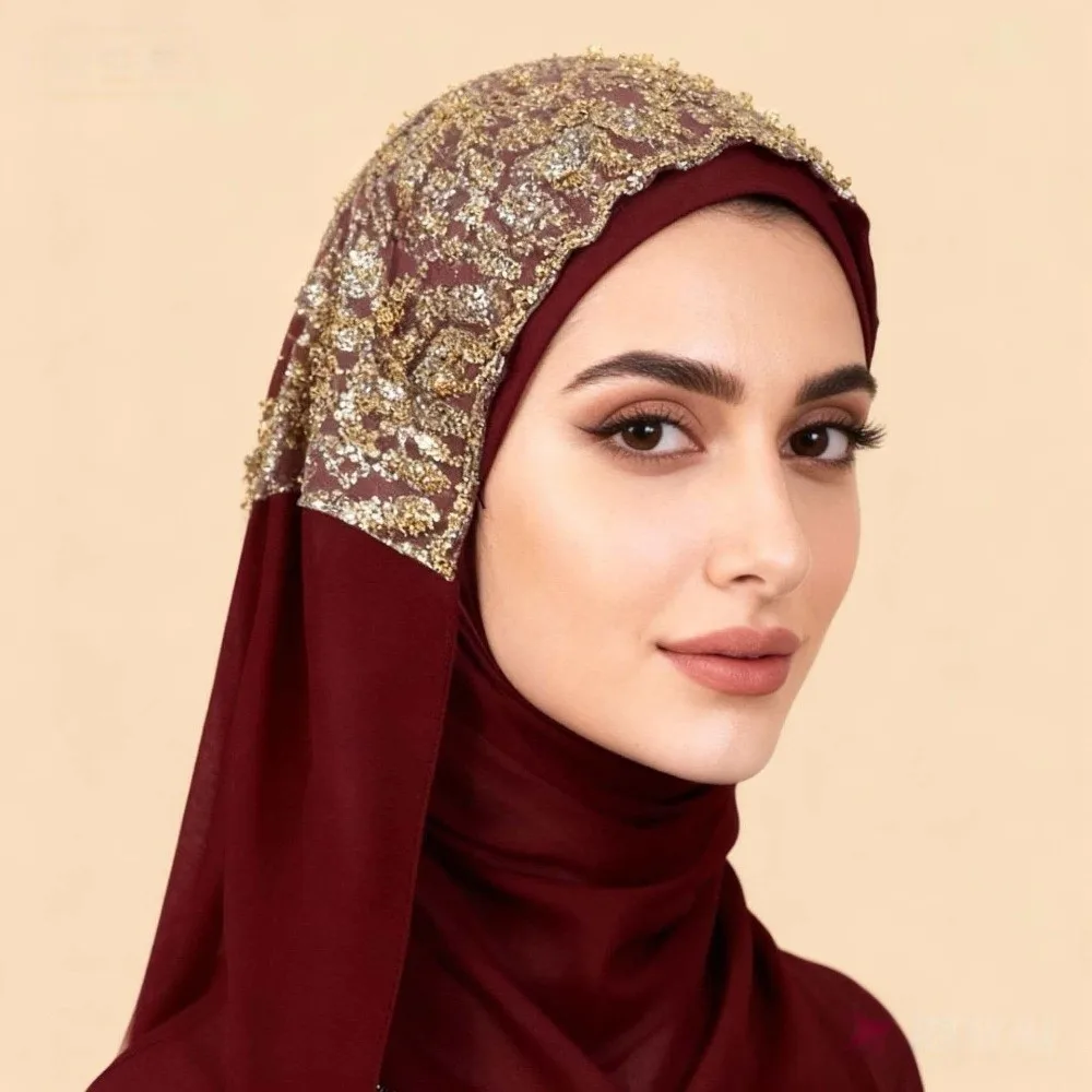 Luxury Beaded Lace Instant Hijab Rhinestone Collar Soft Chiffon Sequin Hijab Chiffon Headscarf For Women