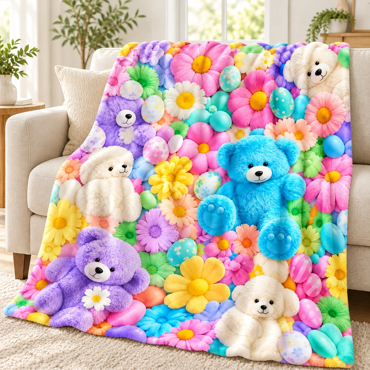 Cute Teddy Bear Floral Flannel Blanket, Soft All-Season Throw, Portable Blanket for Travel, Home Sofa & Bedroom Decoration