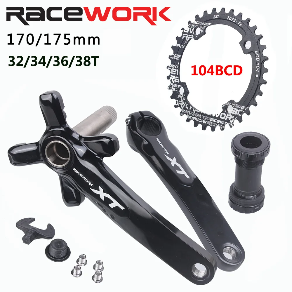 RACEWORK XT Bike Crankset 170mm175mm Aluminum Hollow Integrated Crank BCD104 Chainring 32T 34T 36T 38T Mountain Bike Crankset