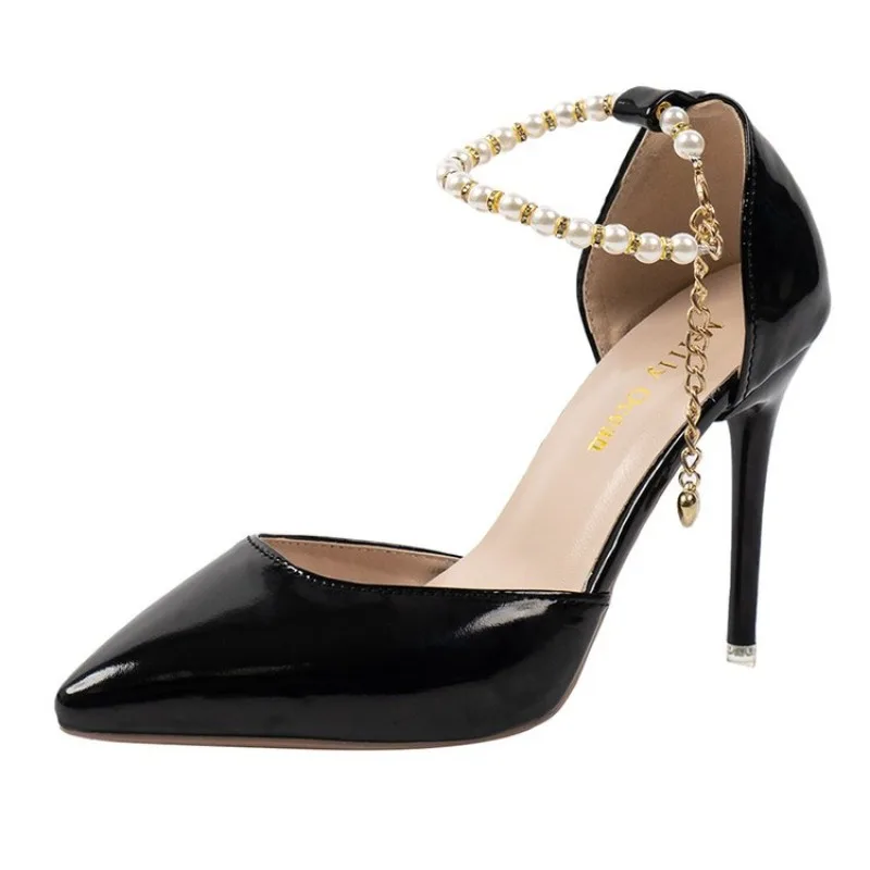 Sexy String Bead Patent Leather Women Sandals Ankle Strap Stiletto Pumps Pointed Toe Sexy Stiletto Heel Shoes Customize35-46