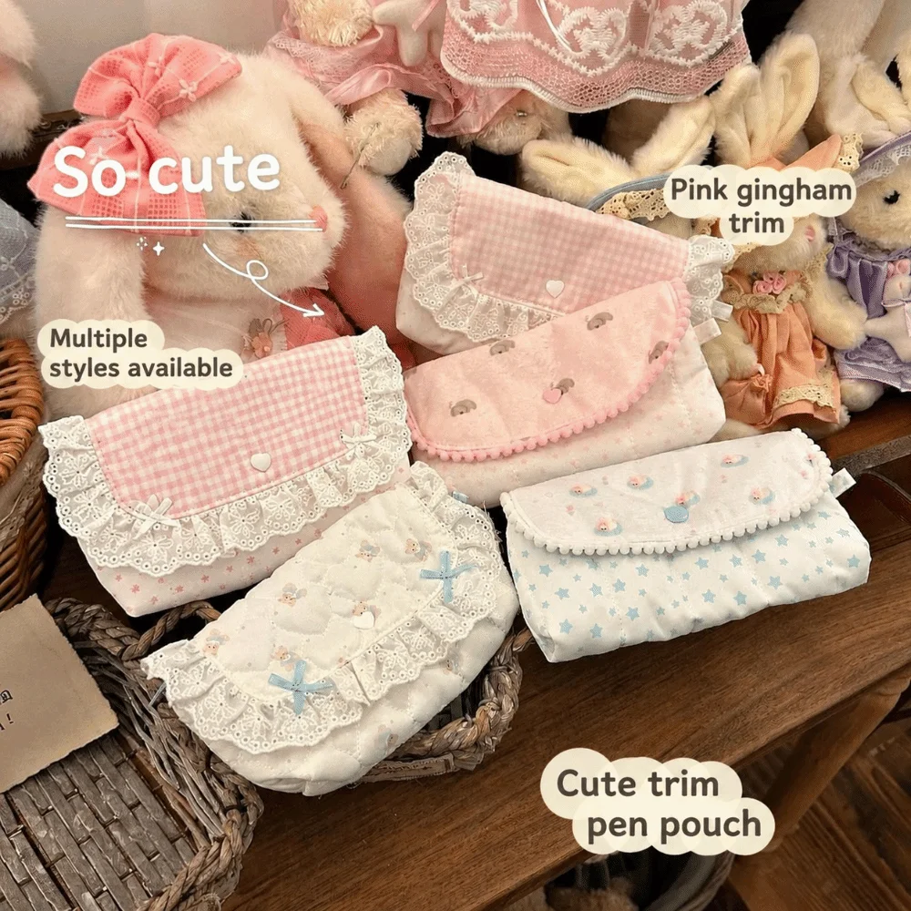 Portable Floral Animal Print Pencil Case Flip Design Lace Ruffle Pen Bag Large Capacity Stationery Bag Students