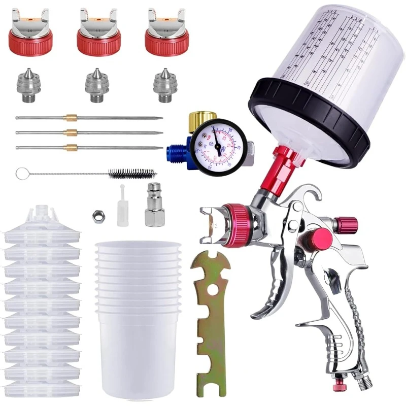 

HVLP Paint Sprayer with 10pcs 600ML Mixing Quick Cup,Spray Paint Gun Set Contain 3 Nozzles 1.4/1.7/2mm &Pressure Gauge