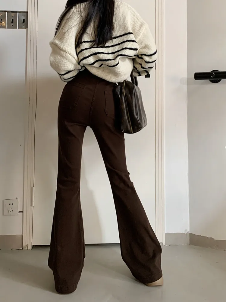 2023 Korean Y2K Fashion Stretch Brown Slim Flare Jeans Pants For Women Goth Clothes Dress Casual Lady Trousers Pantalon Femme