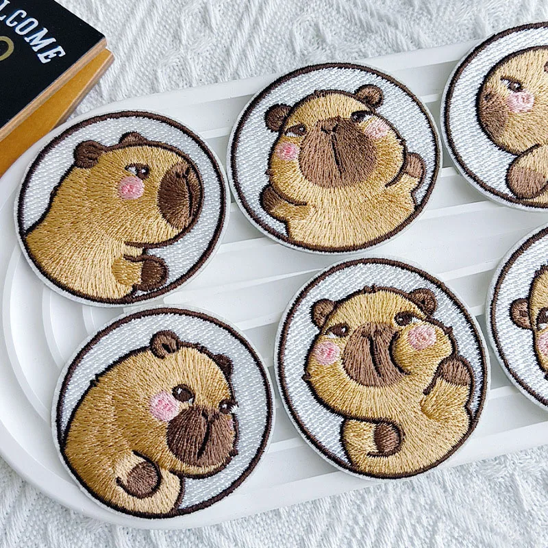 Cute Capybara Circular Self-adhesive Embroidered Patches Decorative Clothing Bag DIY Student Stationery Brooch Accessories