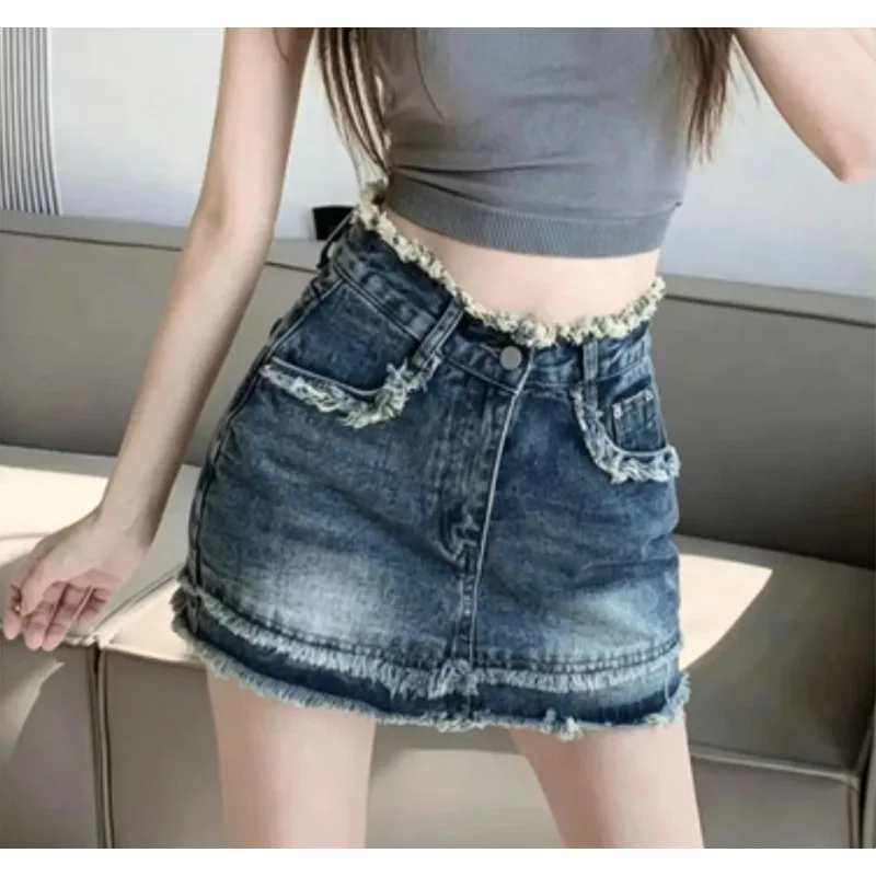 Women's Skirt Vintage Denim High Waist Frayed Hem A Line Short Mini Jeans Skirt Summer Hot Girl Streetwear