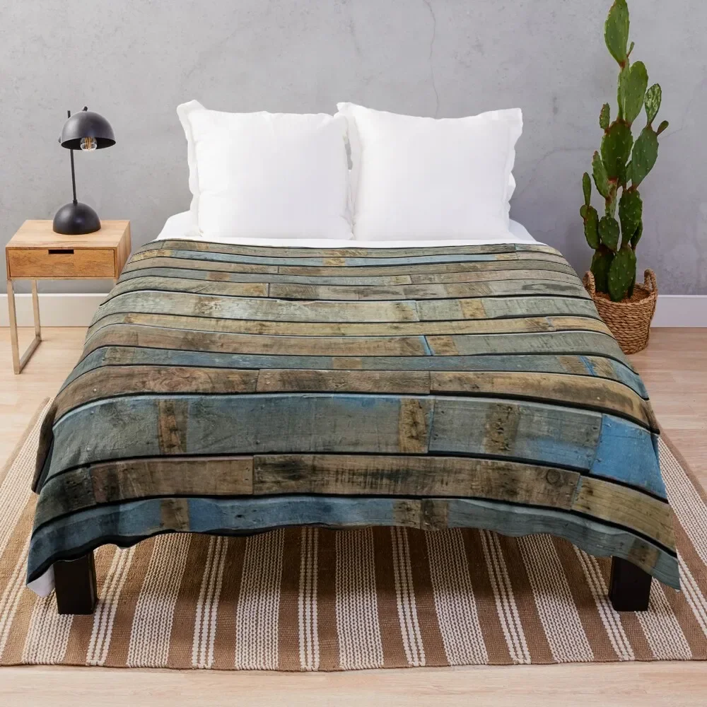 Distressed wood - Blue and brown Throw Blanket Camping Plaid on the sofa Luxury St christmas gifts Blankets