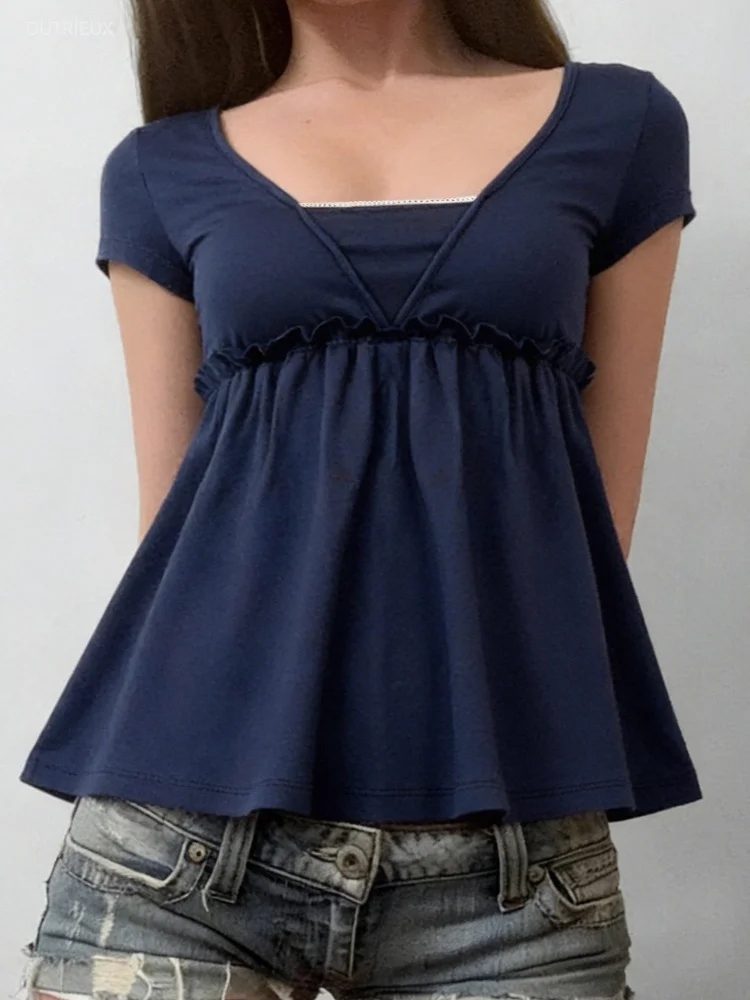 American Sweet Vintage Temperament All Match Fake Two Piece Solid Women Clothing