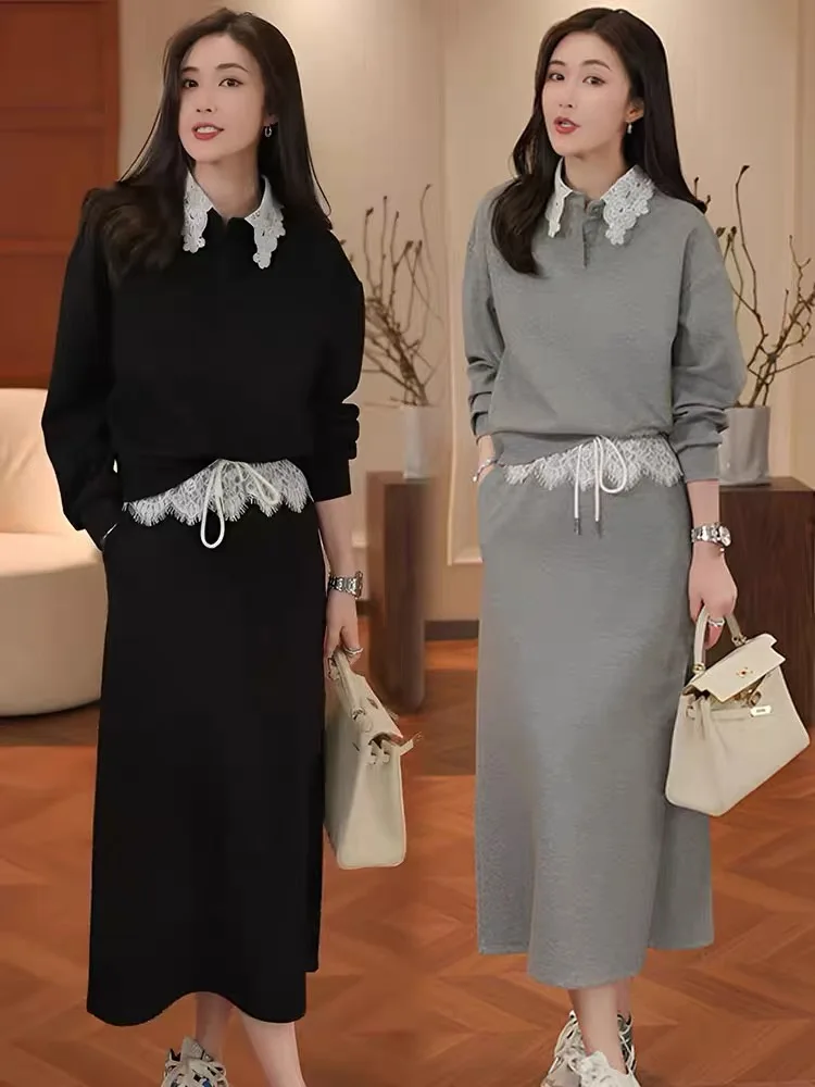 casual-lace-hoodie-half-skirt-set-women's-spring-autumn-turn-down-collar-splice-sweatshirt-british-style-sportswear-ensemble