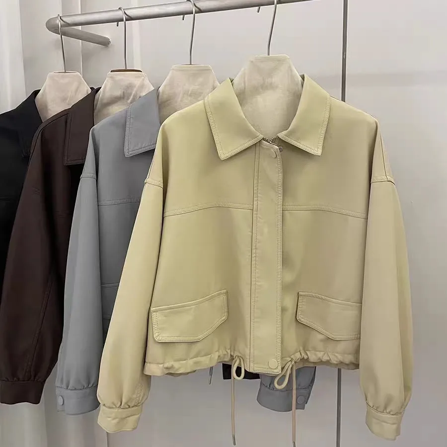 Women's Leather Jaet 2025 Autumn New Korean Version Chic ort Loose Top 4 Colors Commute Sle Long Sve Other Material