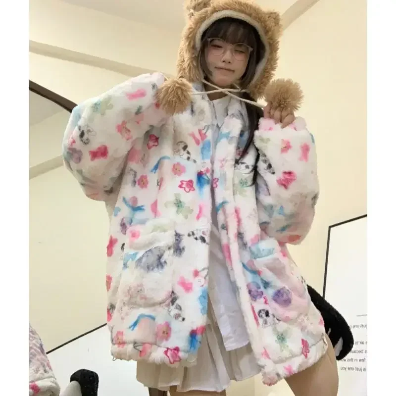 Winter Furry Parkas Women Dog Cartoon Printed Loose Casual Korean Outerwear Coats Female Thick Warm Pocket Lolita Kawaii Jackets