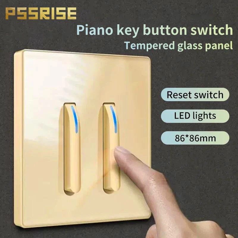 

PSSRISE Gold Wall Light Switch Tempered Glass International Switch Self-reset 1-4Gang 1/2Way LED Indicator Piano Key Wall Panel