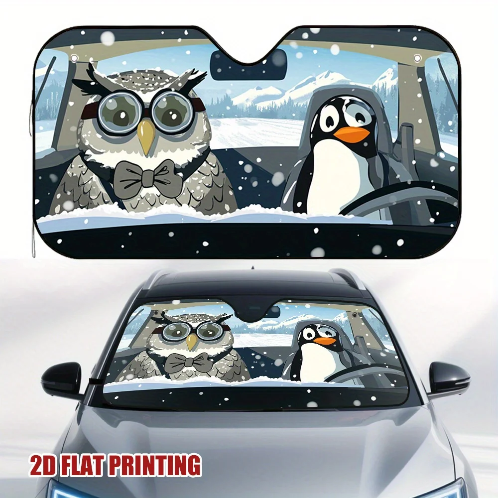 1pc Winter Road Trip Adventures Car Sun Visor With Owl & Penguin Design - Fit For All Vehicles, Durable & Stylish Dashboard Acce