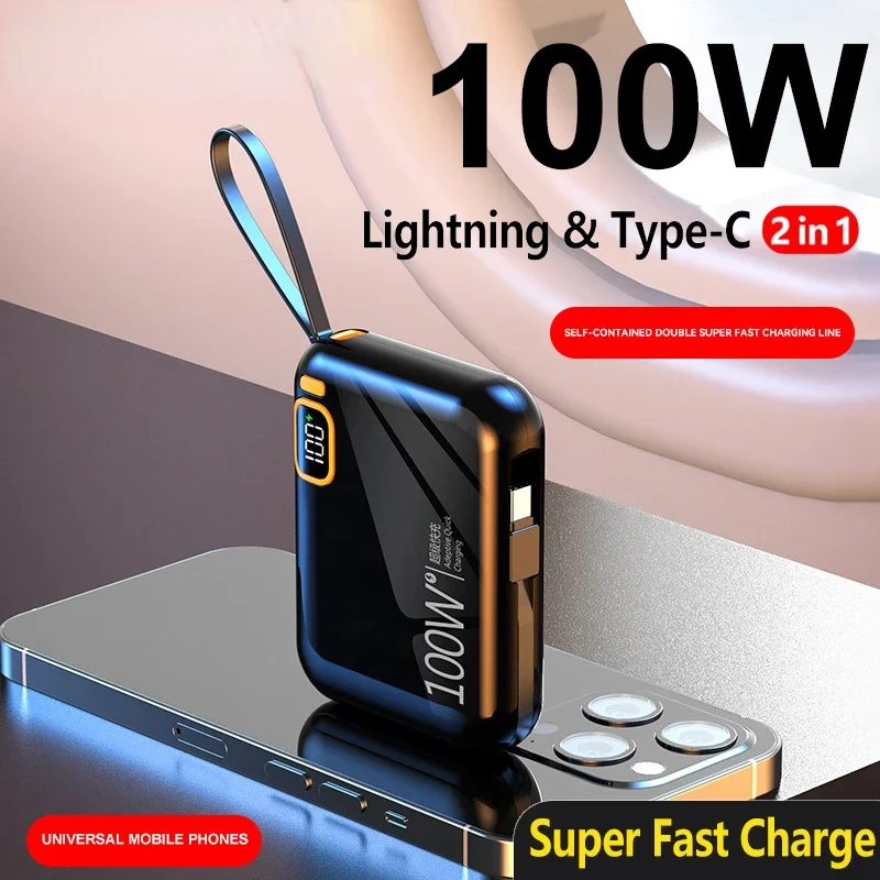 

50000mAh Mini Portable Power Bank Detachable USB To TYPE C Cable Two-Way 100W Fast Charger Power Bank Emergency External Battery