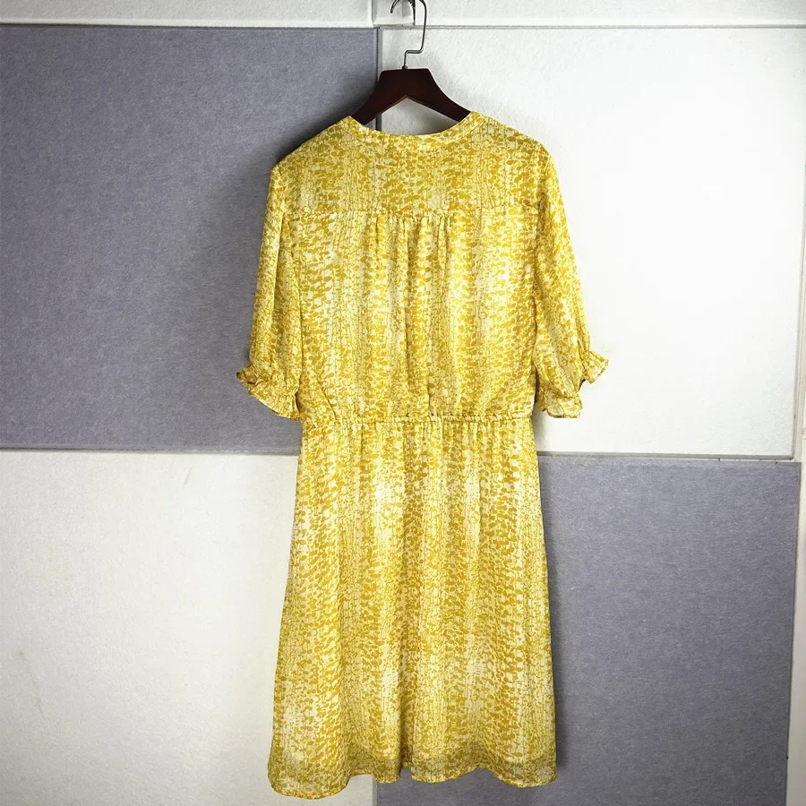 Frauen Gelb Elegantes Minikleid Kurzarm V-ausschnitt Einreiher Büro Damen Elegantes Kleid