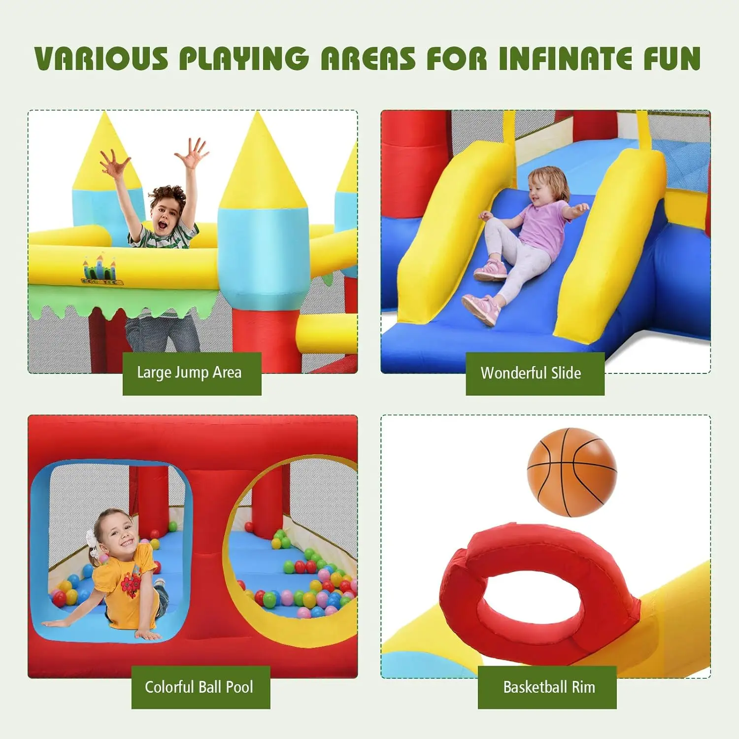 Inflatable Bounce House, Bouncy House for Kids 5-12 Indoor Outdoor Party Family w/Jumping Area, Ball Pool, Toddler Jump Castle