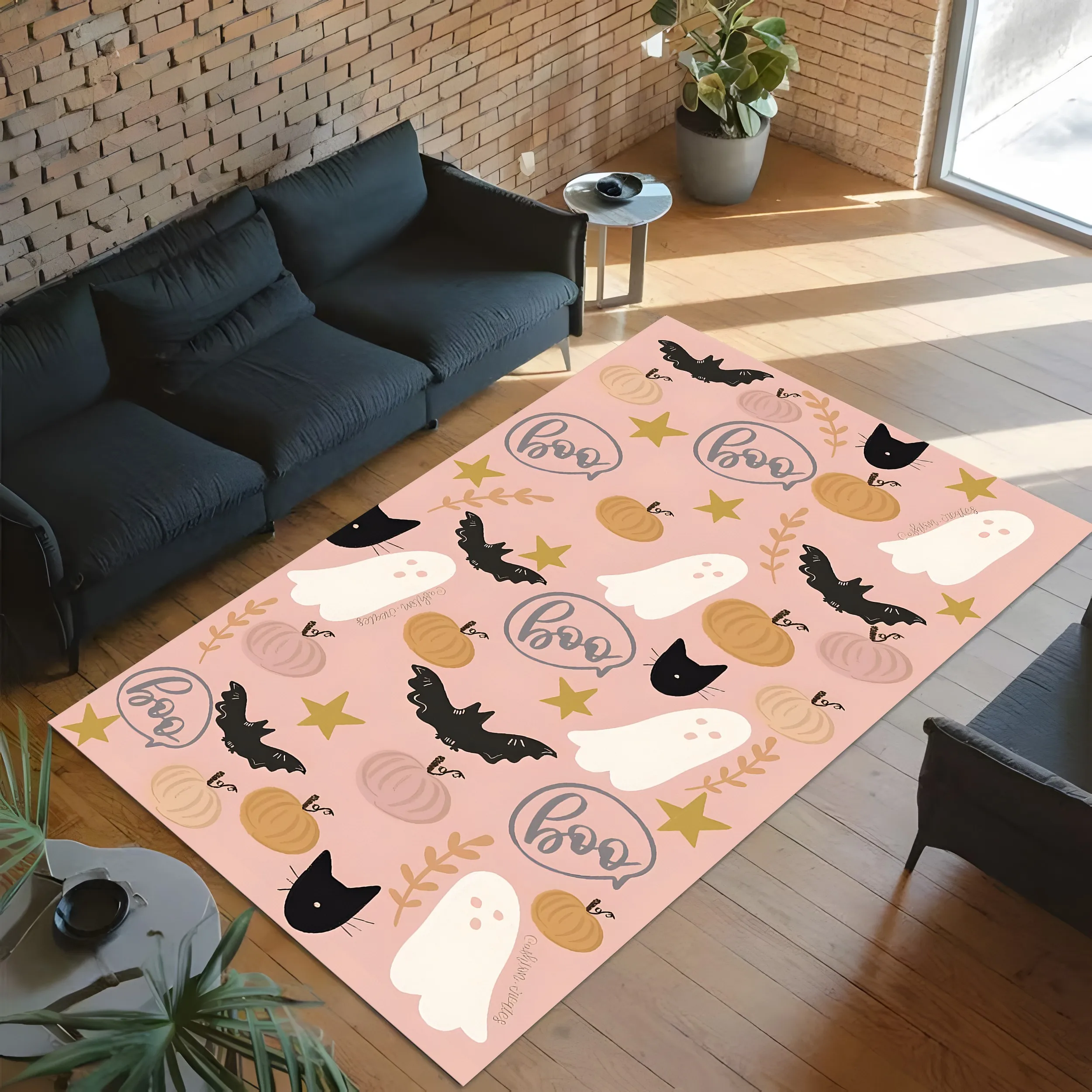 Halloween Atmosphere Decorative Carpet, Light Pink Pumpkin Bat Ghost Living Room Bay Window Carpet