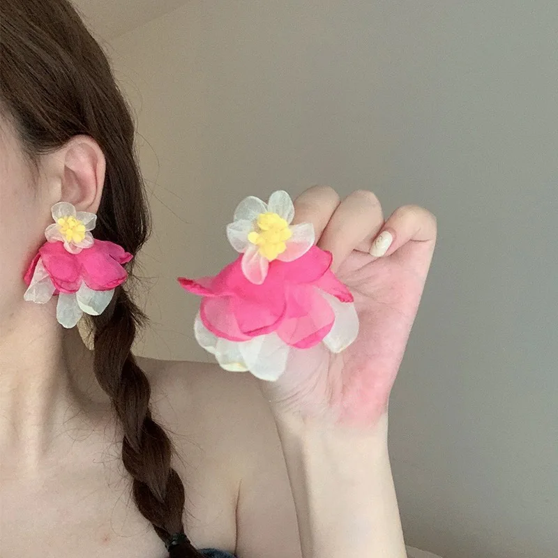 Fresh Mesh Flower Silk Cherry Earrings Sweet Girl Countryside Style Colored Fruit Flower Studs Earrings Lace Wholesale Price Set