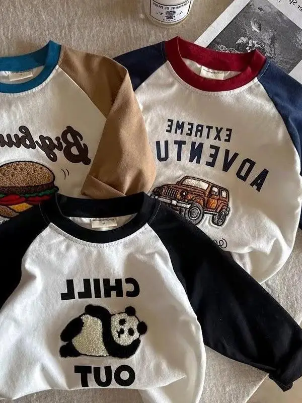 

Детская футболка Long Sve, хлопковая базовая одежда с вышивкой для мальчиков, весенне-осенняя модная детская одежда с мультяшным дизайном