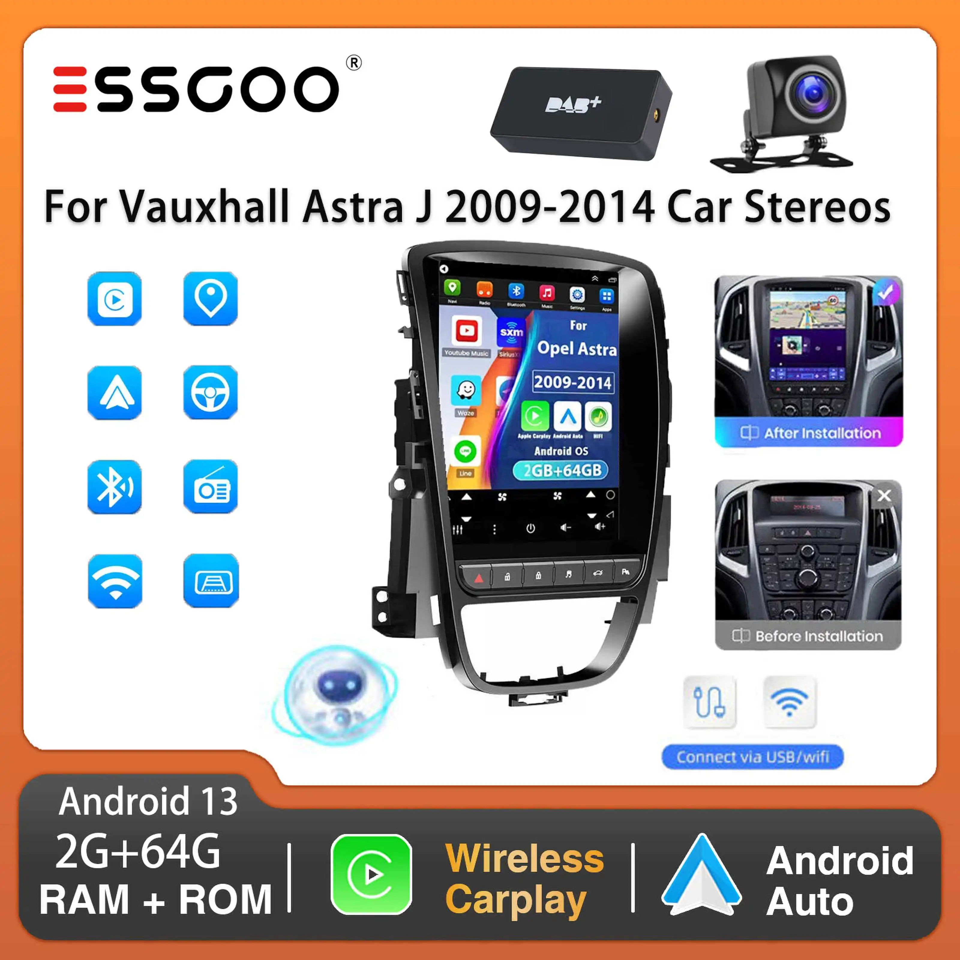 ESSGOO Car Stereo 64G CarPlay Android Auto Touchscreen Mirror Link For Vauxhall Astra J Car Stereos Head Unit Android 13 GPS RDS