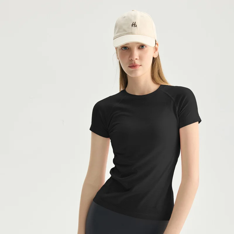 Seamless Texture Breathable Women's Crew Neck Short Sleeve T Shirt Slim Fit Running Fitness Yoga Sports Top