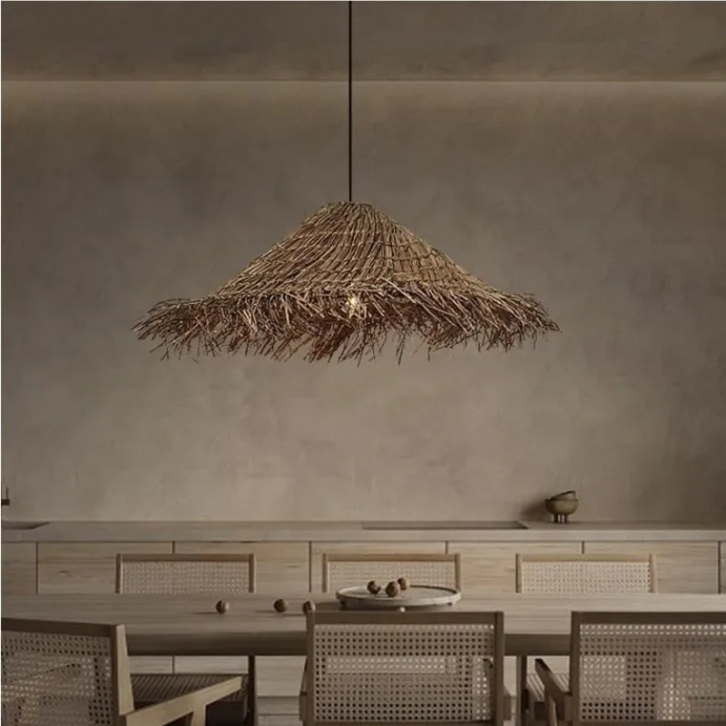 Wabi Sabi Style Restaurant Chandelier Chinese Retro Homestay Tea Room Chandelier Japanese Bedroom Straw Hat Rattan Woven Lamp