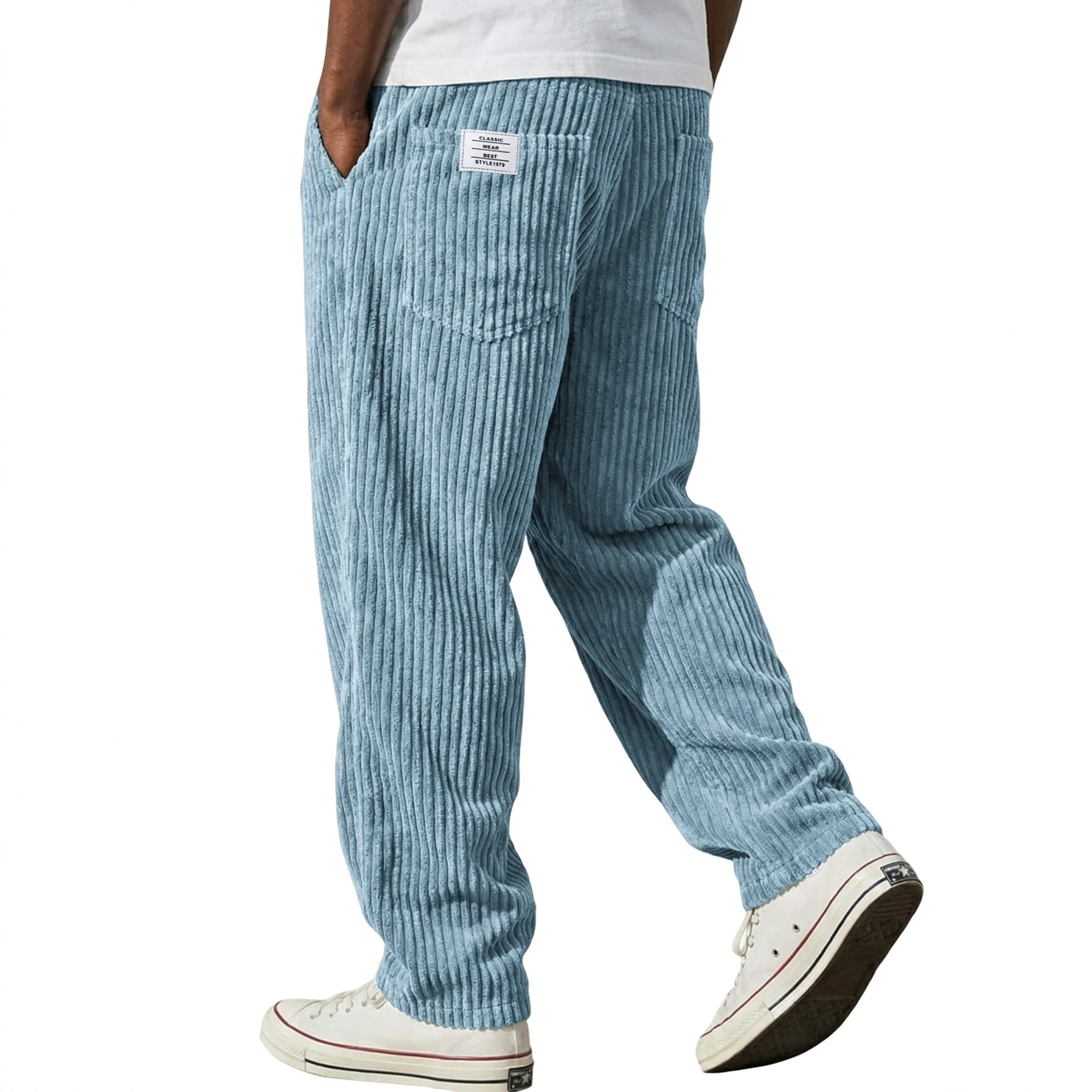 Spring Autumn Casual Retro Striped Men's Pants Corduroy Pocket Trousers Loose Straight Bottoms Fashion Sports Male Clothing