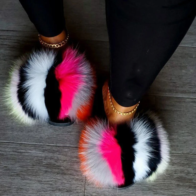 2024 Summer Real Fox Fur Slippers Plush Fluffy Sandals Women Flat Slides Natural Fur Home Flip Flops Female Large Size Slipper