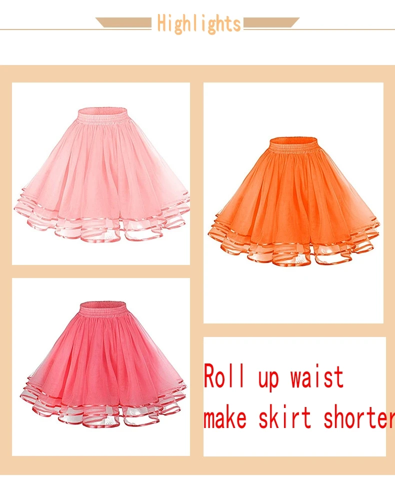 14 Farben Damen Petticoat Tutu Unterröcke Krinoline 50er Jahre Drei Schichten Band Gaze Tüllrock Vintage Braut Slips Rockabilly – Detail 2