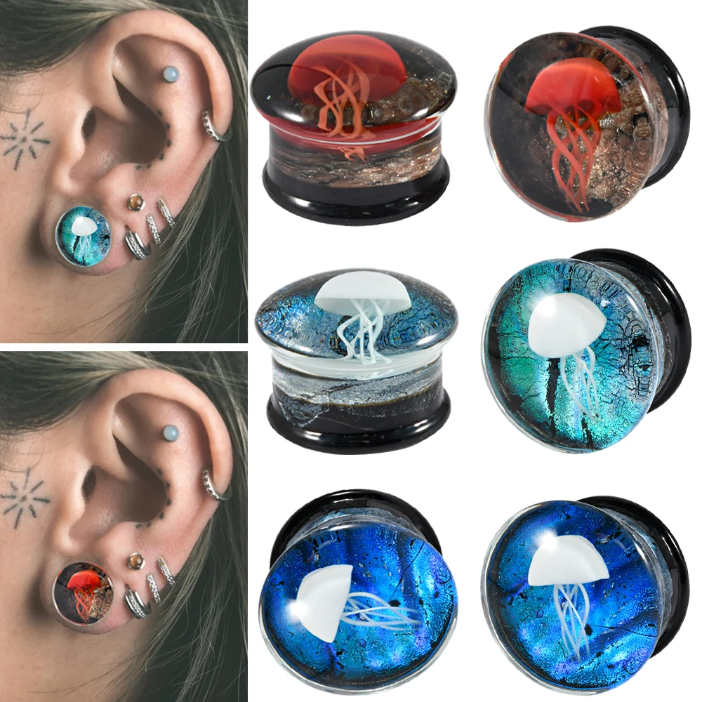 1PC Glass Red/White jellyfish Ear Tunnels Plugs Ring Double Flared Saddle Ear Gauges Strechers Expander Piercing Jewelry 8-25mm