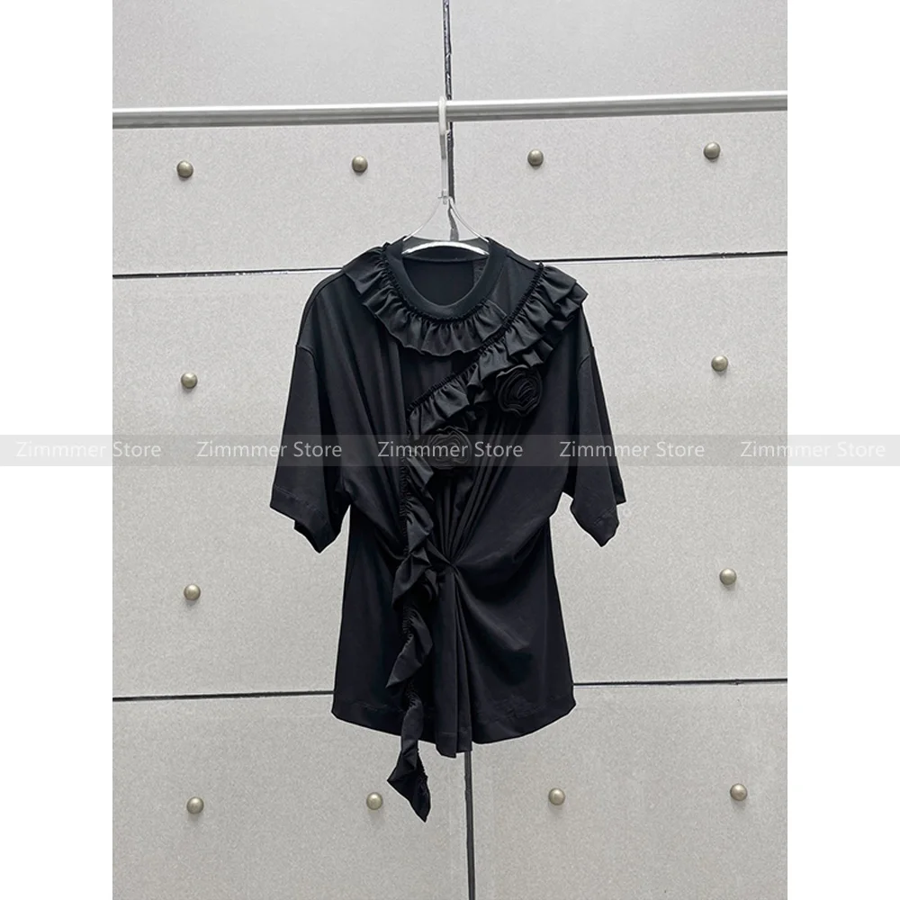 

2024 Summer new round neck three-dimensional flowers ruffle ruffled asymmetric design short-sleeved T-shirt tops