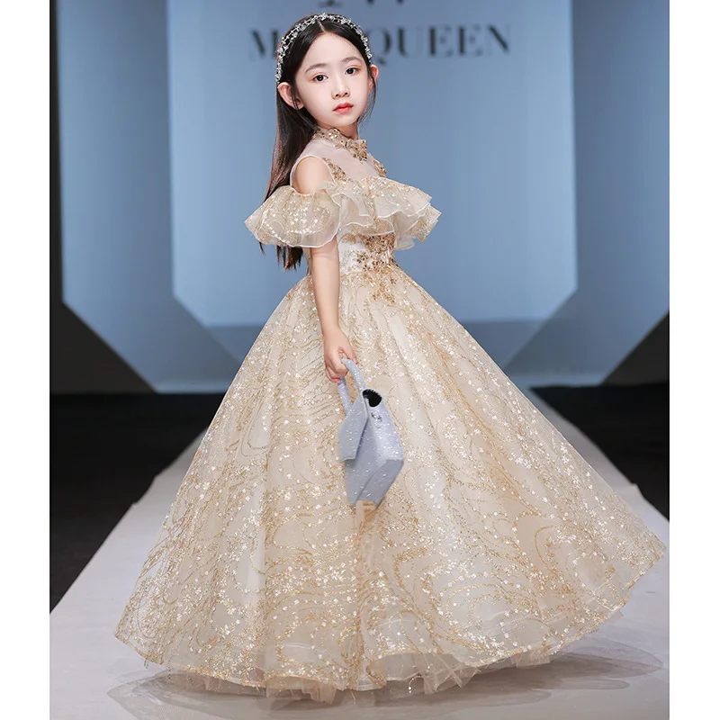 Elegant Champagne  Tulle Flower Girl Dress for Wedding Sequin Appliques Kids Party Prom Dress First Communion Princess Vestidos