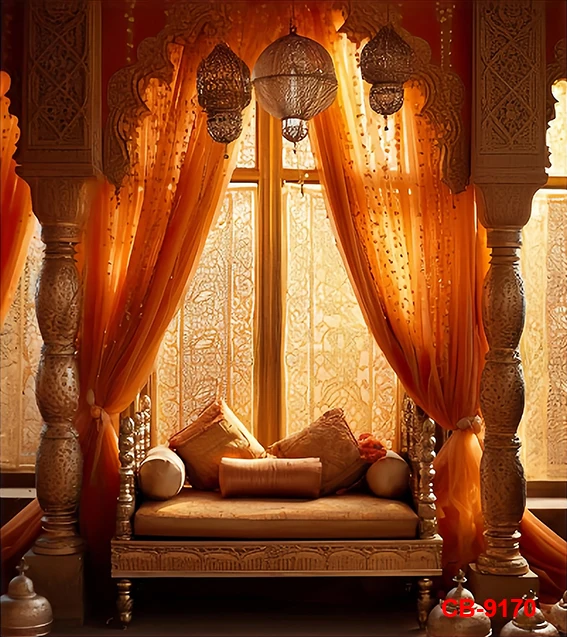 Indian Royal Palace Backdrop Interior Private Audience Hall in Anup Mahal and Maharaja Throne with Gold Carvings Backdrops