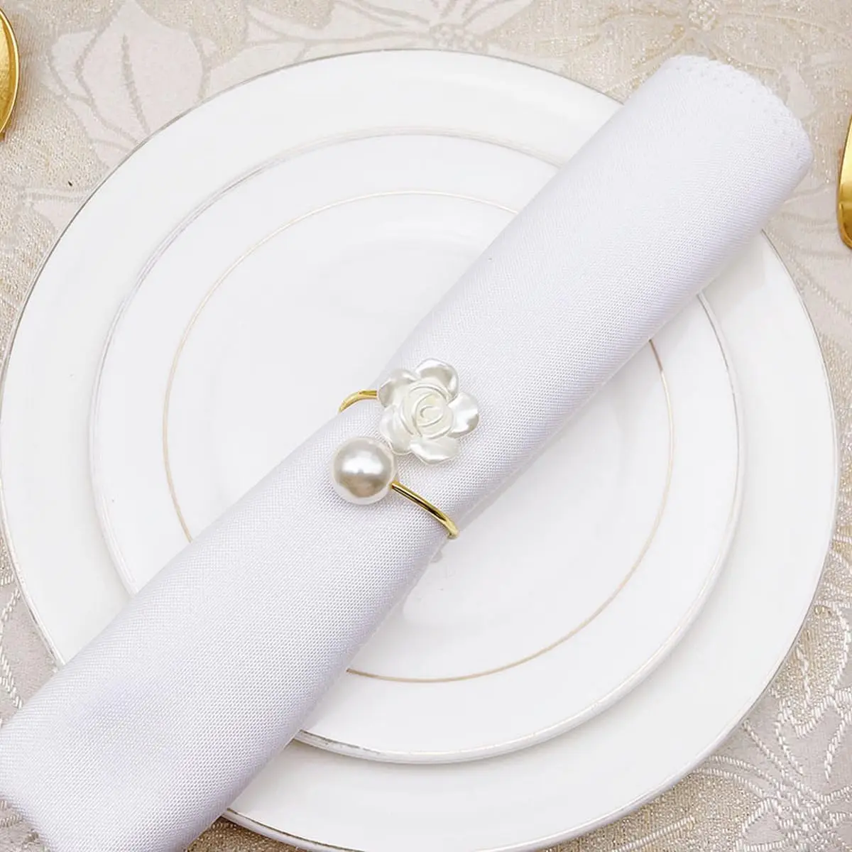 12Pcs White Pearl Flower Napkin Rings, golden pearl rose design. Imitation beaded decor for wedding, home dinner and party.