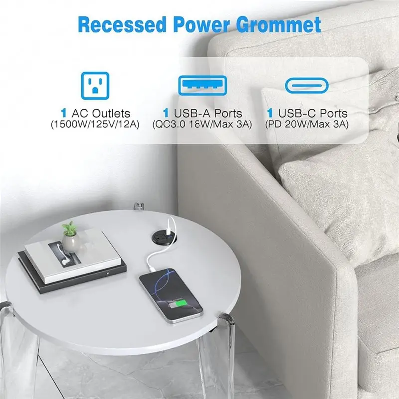 WORTHOWN-2 Inch Desk Recessed Power Grommet, 20W USB-C Charging,Flush Mount Power Outlet For Conference Room Table US Plug