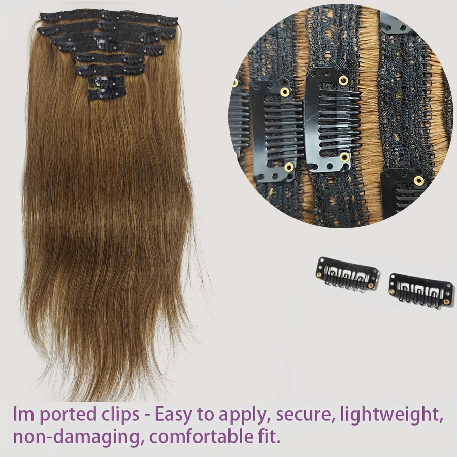 Clip In Hair Extensions 8Pcs/Set Straight Real Human Hair 6# Light Brown Seamless Skin Weft Clip-On Hairpieces 14-26Inch