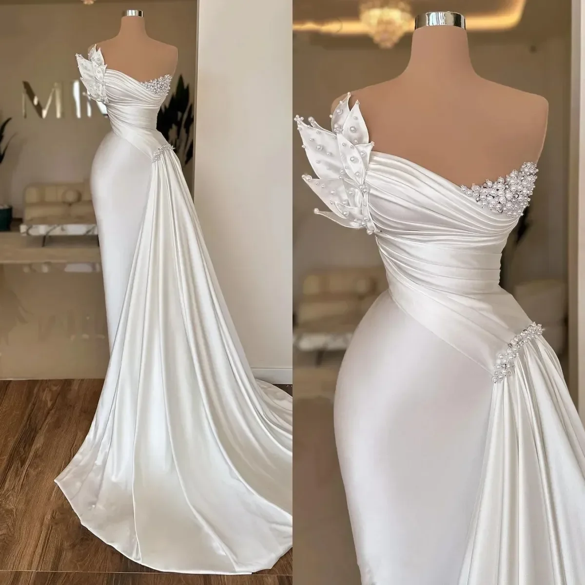 Robe de Mariée Sirène Blanche en Satin Simple, Sans Bretelles, avec Traîne à Balayage, Grande Taille Personnalisée, pour Patients