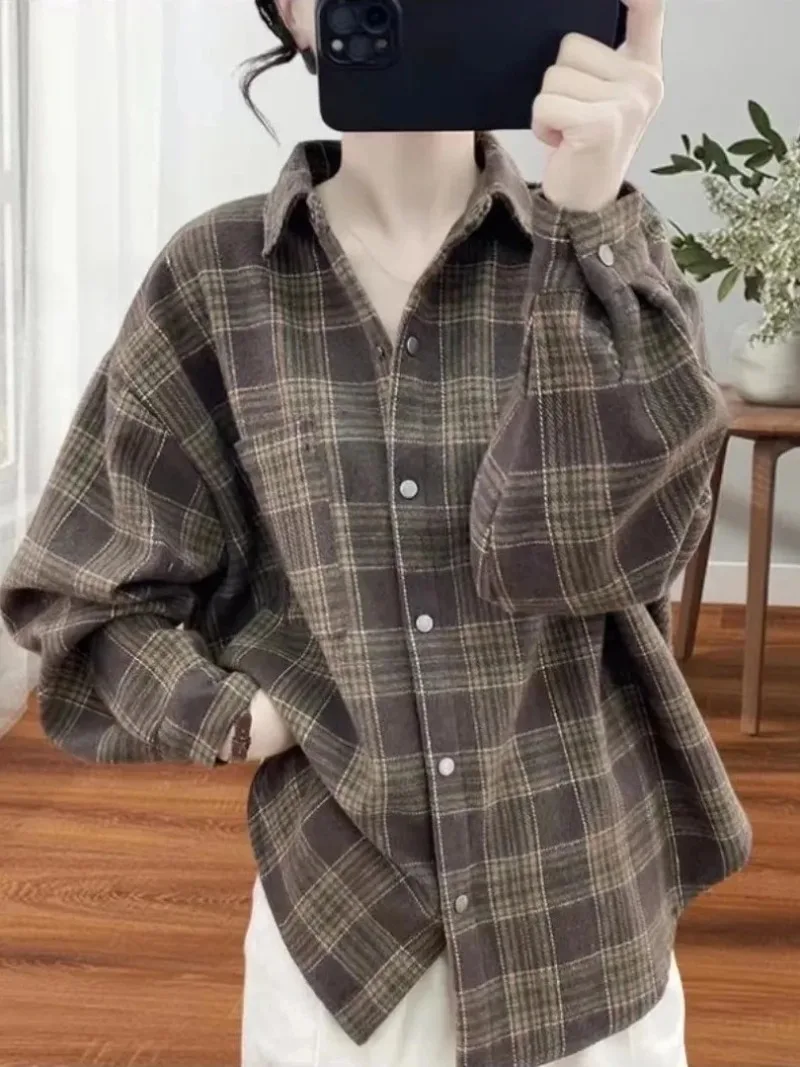 

Женское осенне-зимнее винтажное базовое теплое пальто свободного кроя с воротником, с принтом, в стиле лэйд-бэй, из утолщенного фланелевого плетения в клетку